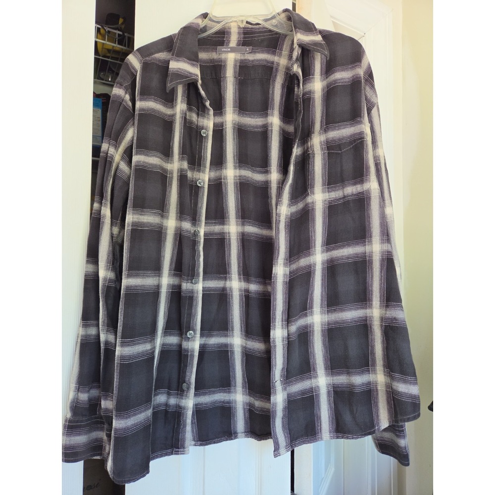 Vince‎ Mens Flannel Shirt Gray Plaid XL Cotton Long Sleeve Collar Pocket